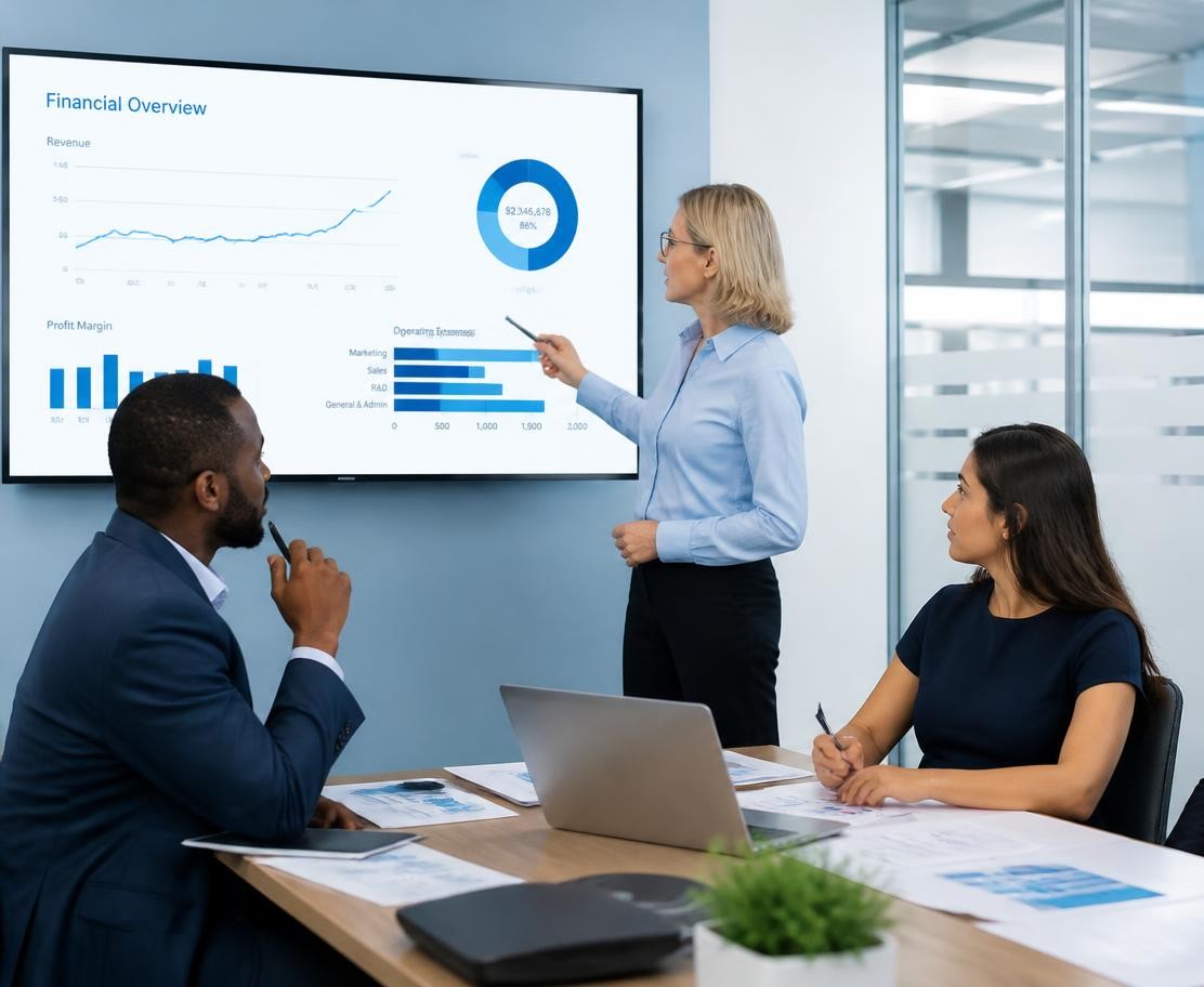 Financial advisor presenting a business funding overview to diverse business owners in a boardroom