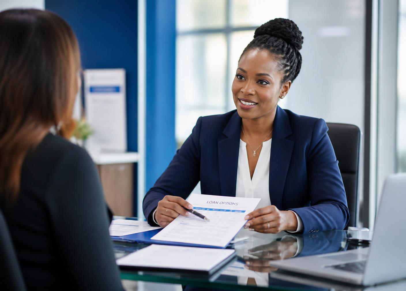 Business credit advisor reviewing loan options with a client at her desk