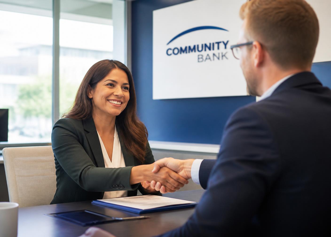 Business owner and lender shaking hands after a funding approval