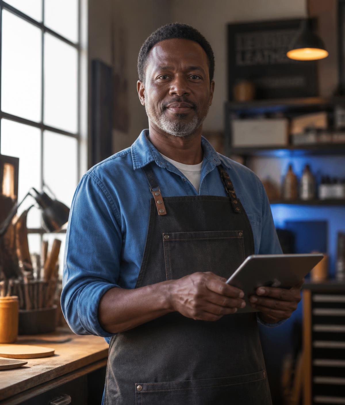 Small business owner holding a tablet in his workshop