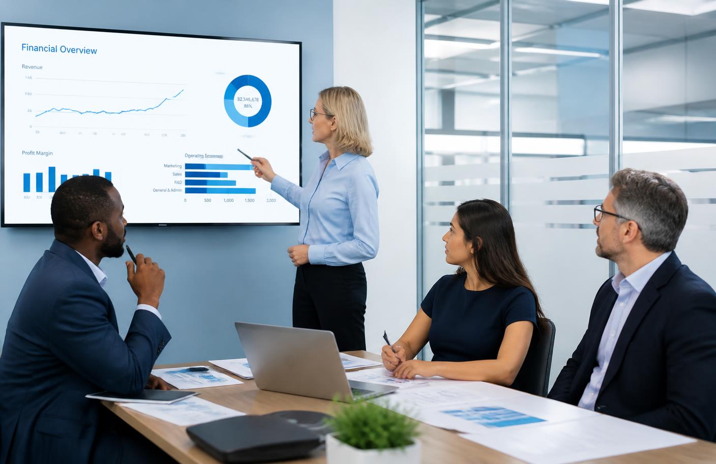 Diverse leadership team reviewing a financial overview in a conference room