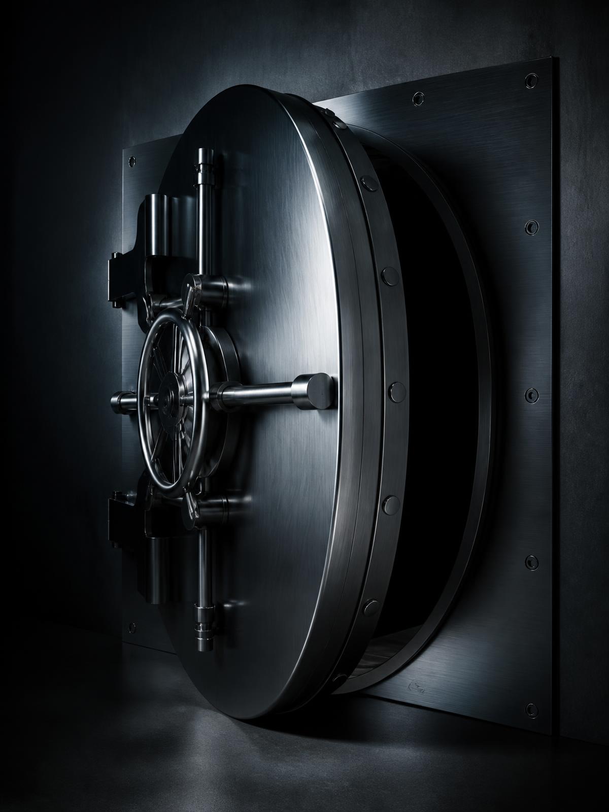 Brushed steel bank vault door standing partially open